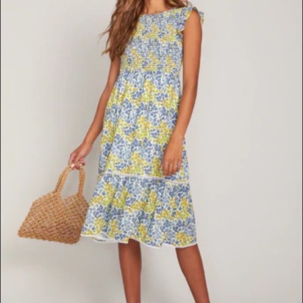 Lost + Wander Smocked Bodice S/S Blossom & Bloom Blue Yellow Floral Dress Sz L — image 2 of 8